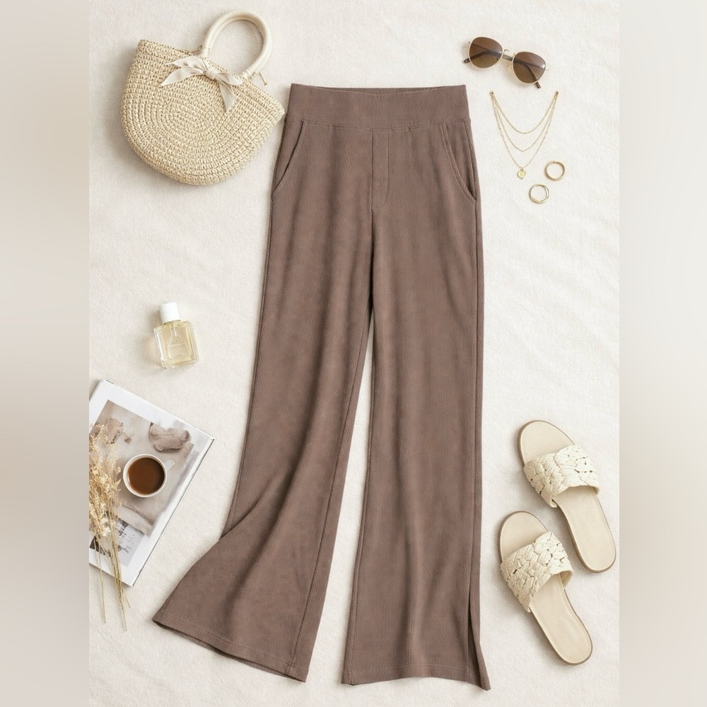 Move Theology Brown Wide-Leg Split Hem Ribbed Lounge Pants M - Picture 2 of 5